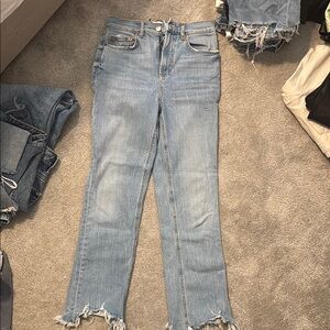 Zara Blue Straight Leg Jeans with Distressed Hem “The Deed” jeans
